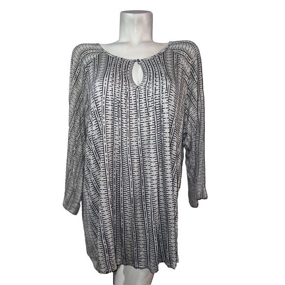 Lucky Brand Top Women's Plus 3X Black Beige Boho 3/4 Sleeve Keyhole Tunic Shirt - Picture 1 of 7